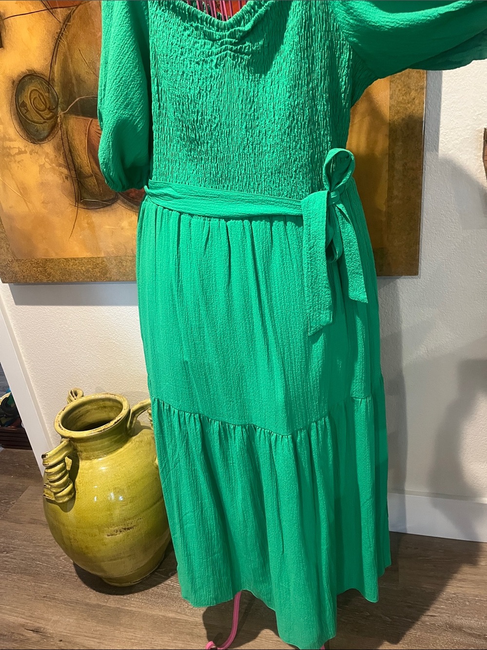 Dkny Emerald Green Tiered V-Neck Maxi Dress with Self-Tie Belt